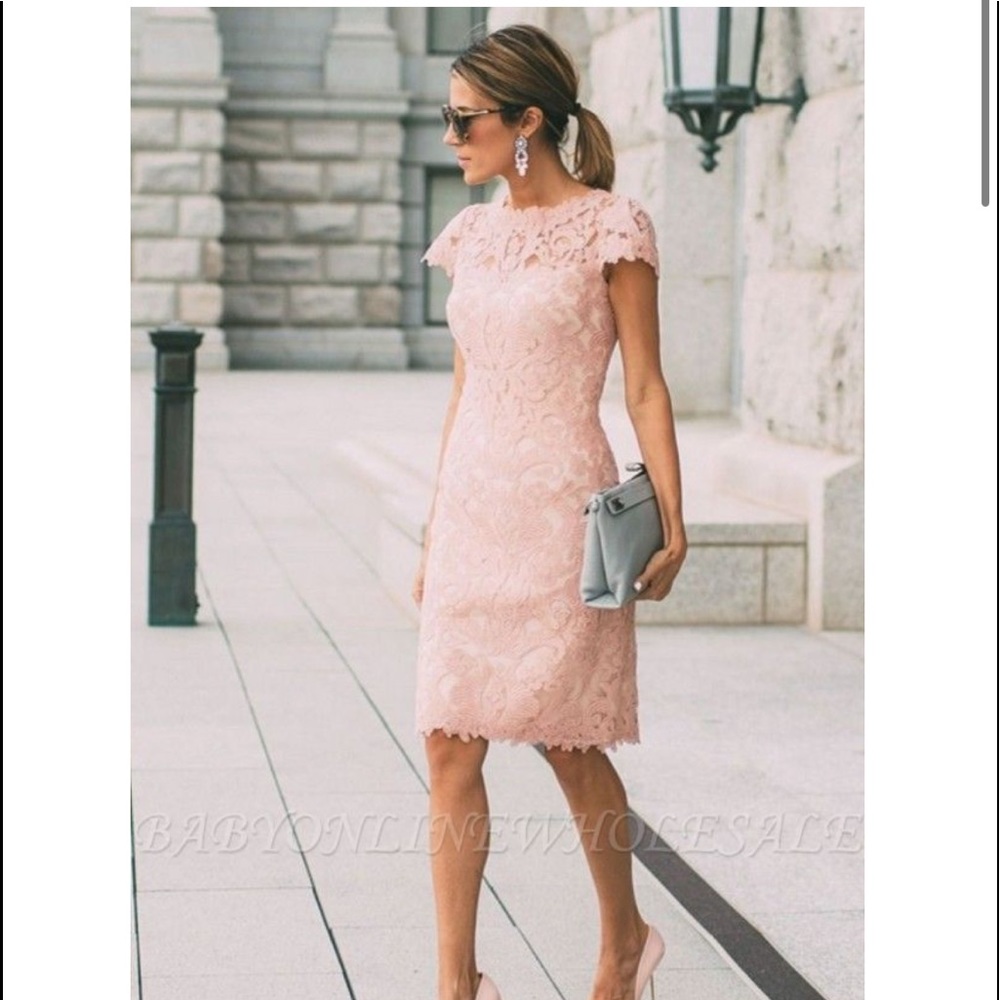 BABYONLINE Pink Short Sleeves Column Lace Knee Length Short Homecoming D…
